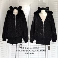 批发车迟恩Chien 美式连帽烫钻卫衣<b class='q'>套装</b>裙秋复古黑色<b class='q'>休闲</b>kt猫耳外套女