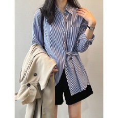 批发法式蓝色条纹衬衫女春秋<b class='q'>日系</b>收腰设计感小众高级感内搭开叉上衣