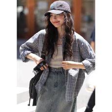长袖格子衬衫外套女春季新款设计感小众韩系气质衬衣宽松上衣