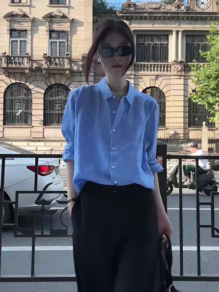 프랑스식 고급 센스 얇은 스타일 긴팔 파란색 여성 셔츠 2026 새로운 여름 캐주얼 셔츠 루즈핏 자외선 차단 맨위