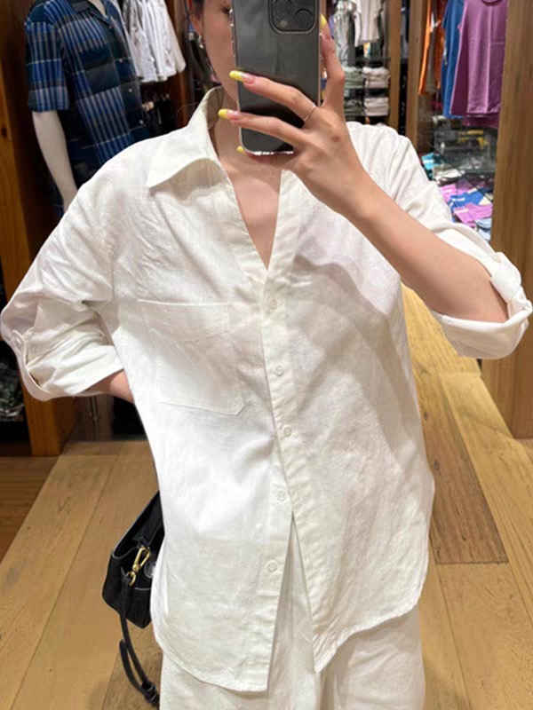 프랑스식 화이트 V넥 자외선 차단 아마 여성 셔츠 봄 여름 외출용 오래된 돈 바람 면 린넨 셔츠 재킷 긴팔 맨위