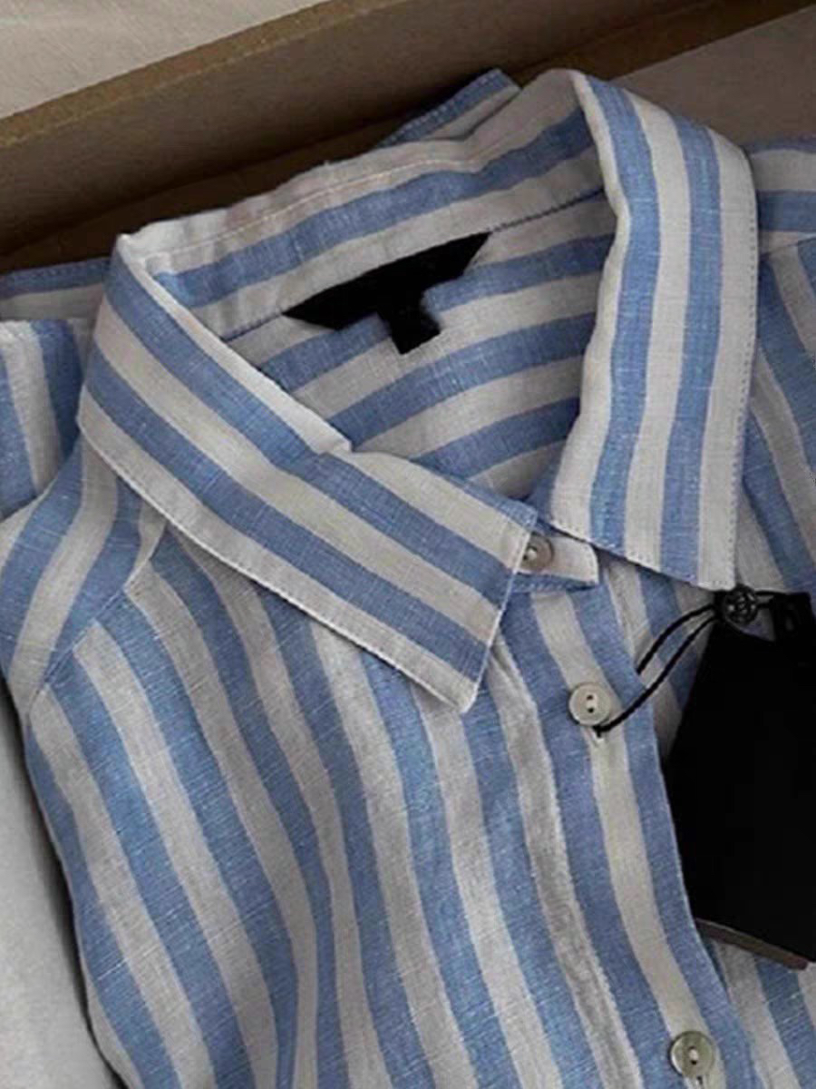 프랑스식 디자인 센스 블루 화이트 스트라이프 라미 자외선 차단 여성 셔츠 루즈핏 POLO 칼라 면 린넨 셔츠 재킷 봄 여름