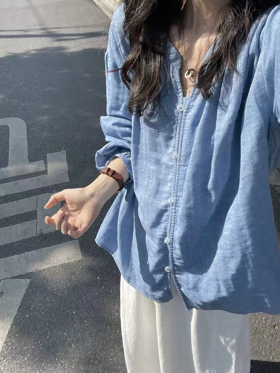 느슨함 센스 파란색 아마 자외선 차단 여성 셔츠 여름 얇은 스타일 느긋한 V넥 루즈핏 캐주얼 카디건 코트 맨위