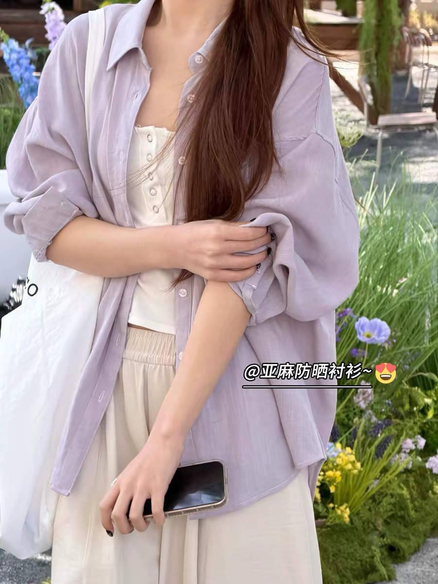 보라색 부드러운 바람 긴팔 셔츠 여자 봄 여름 면 린넨 루즈핏 미니멀리즘 다용도 자외선 차단 아마 셔츠 맨위