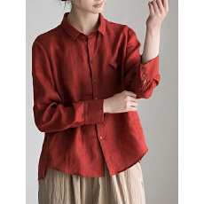 批发2026单排扣长袖亚麻衬衣休闲小翻领复古红色衬衫女设计感小众春秋