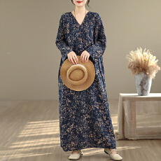 批发实拍大码原创法式高级感长袖防晒V领薄棉麻印花宽松显瘦<b class='q'>连衣裙</b>女