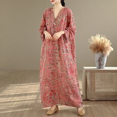 批发实拍大码原创法式高级感长袖防晒V领薄棉麻印花宽松显瘦<b class='q'>连衣裙</b>女