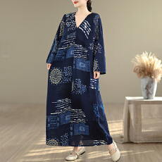 批发实拍大码原创法式高级感长袖防晒V领薄棉麻印花宽松显瘦<b class='q'>连衣裙</b>女