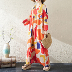 批发实拍大码原创法式高级感长袖防晒V领薄棉麻印花宽松显瘦<b class='q'>连衣裙</b>女