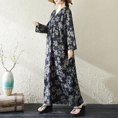 批发实拍大码原创法式高级感长袖防晒V领薄棉麻印花宽松显瘦<b class='q'>连衣裙</b>女