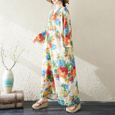 批发实拍大码原创法式高级感长袖防晒V领薄棉麻印花宽松显瘦<b class='q'>连衣裙</b>女