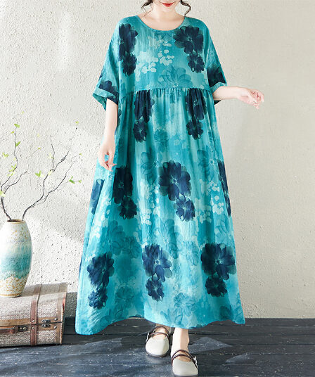 실사 26 여름 새로운 라운드 넥 얇은 면 린넨 레이크 블루 색상 보헤미안 롱 코트 롱 스커트 치마 길다 128 대외 무역 여성