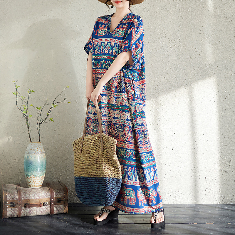 RY1196# 实拍2026夏季新款薄人棉印花v领宽松大码简约度假风长裙女...