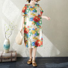 实拍26夏季胖mm薄棉麻印花文艺女气质过膝中长款短袖连衣裙女