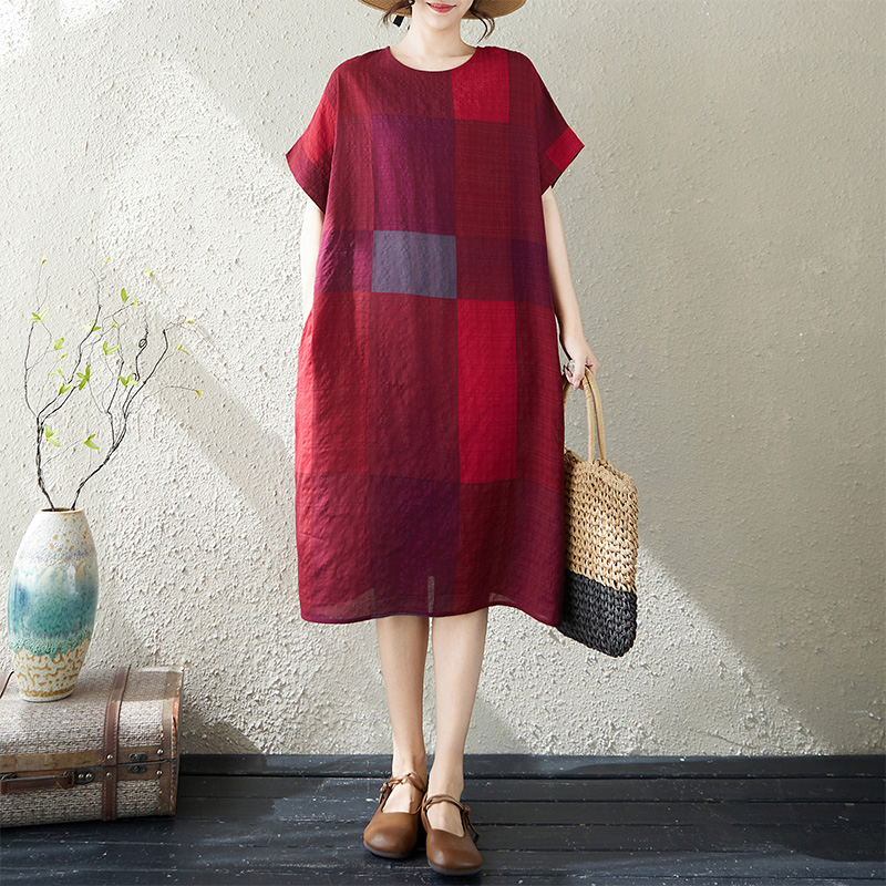 RY1194# 实拍26夏季胖mm薄棉麻印花文艺女气质过膝中长款短袖连衣裙...