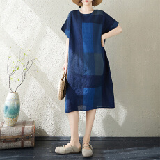 批发实拍26夏季胖mm薄棉麻印花文艺女气质过膝中长款短袖<b class='q'>连衣裙</b>女