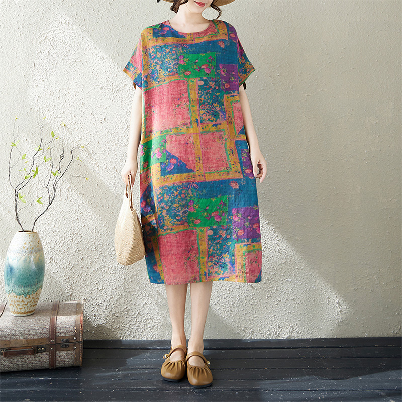 RY1192# 实拍26夏季胖mm薄棉麻印花文艺女气质过膝中长款短袖连衣裙...