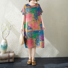 批发实拍26夏季胖mm薄棉麻印花文艺女气质过膝中长款短袖<b class='q'>连衣裙</b>女