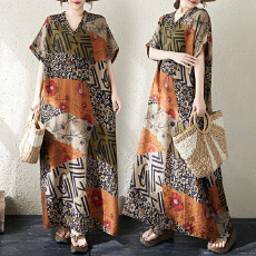 批发实拍26夏季新款薄棉麻花V领宽松度假风<b class='q'>沙滩裙</b>长款文艺女袍子