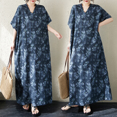 批发实拍26夏季新款薄棉麻花V领宽松度假风<b class='q'>沙滩裙</b>长款文艺女袍子