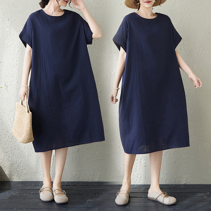 RY3354# 实拍26夏季新款胖mm双层纱藏青色气质过膝中长款短袖连衣裙文艺女