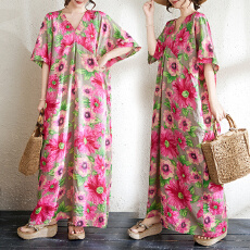 批发实拍大码原创法式高级感短袖v领薄棉麻印花宽松显瘦<b class='q'>连衣裙</b>女夏季