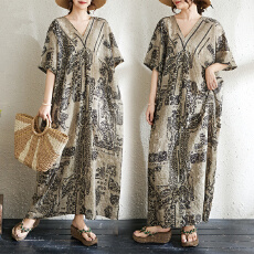 批发实拍大码原创法式高级感短袖v领薄棉麻印花宽松显瘦<b class='q'>连衣裙</b>女夏季