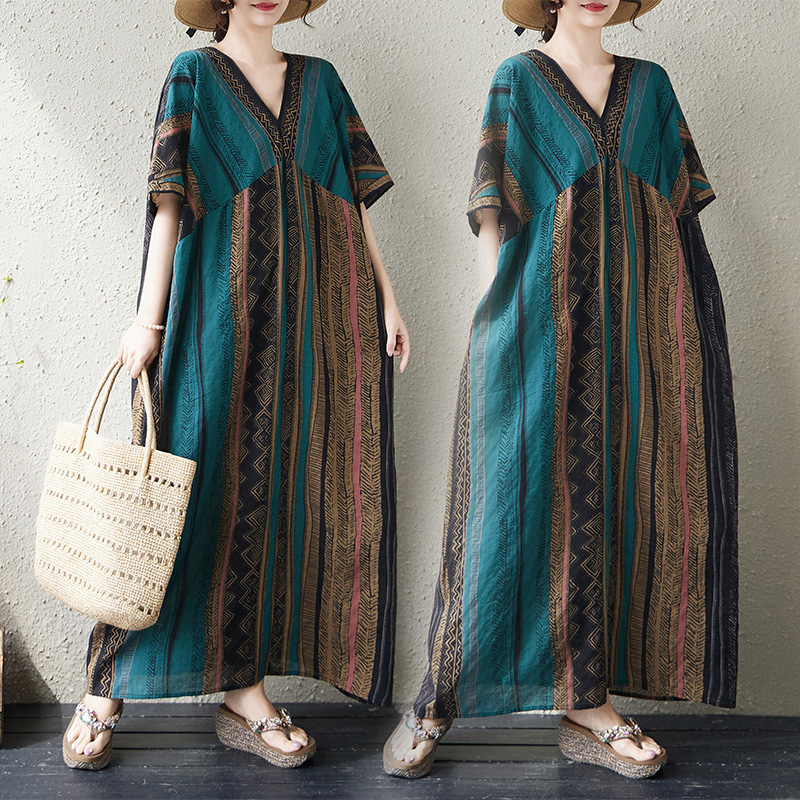 RY3353# 实拍大码原创法式高级感短袖v领薄棉麻印花宽松显瘦连衣裙女夏季