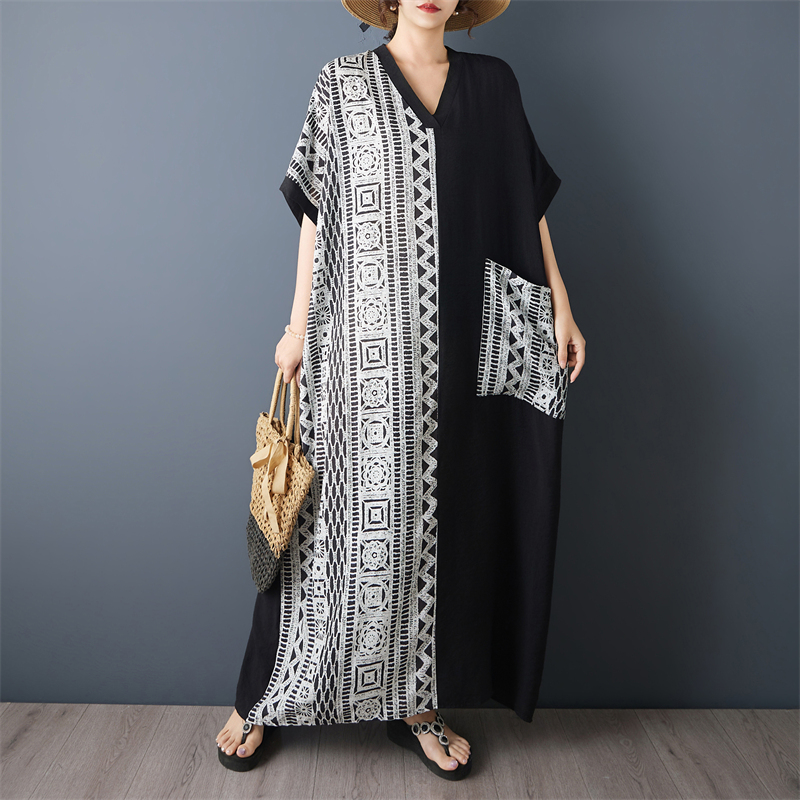 RY3349# 实拍26夏新款胖MM薄棉麻遮肉显瘦v领短袖撞色拼接黑色长款连衣裙