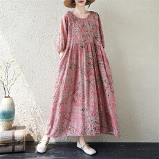 实拍新款26夏季简约粉色文艺风圆领灯笼袖宽松显瘦大版连衣裙女