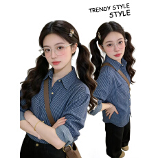 批发实拍~复古条纹牛仔蓝色衬衫<b class='q'>长袖</b>女