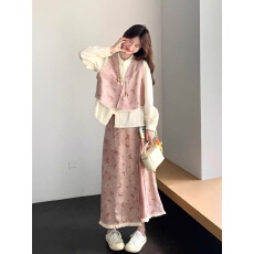 批发粉色新中式蝴蝶印花马甲套装裙女2025秋新款<b class='q'>长袖</b>衬衫半身裙三件套
