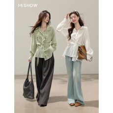 批发谜秀双色慵懒感<b class='q'>衬衫</b>设计感宽松上衣2026春季新款飘带收腰法式<b class='q'>衬衣</b>