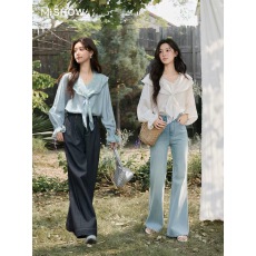 批发谜秀蕾丝拼接<b class='q'>衬衫</b>女2026春款新款<b class='q'>女装</b>蓝色设计感可拆卸披肩<b class='q'>衬衣</b>女