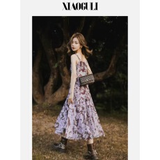 批发小谷粒幽兰碎花<b class='q'>裙</b>子 复古雪纺印花<b class='q'>长</b><b class='q'>裙</b>女春新款V领显瘦吊带连衣<b class='q'>裙</b>