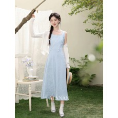 批发灰蓝色无袖背心<b class='q'>连衣裙</b>女春季新款高腰显瘦长裙