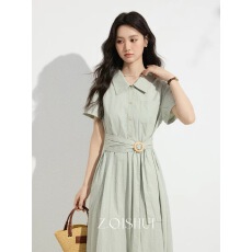 批发张汽水2026夏季新款绿色特别漂亮掐腰短袖连衣裙女气质显瘦衬衫裙