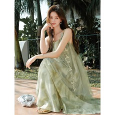 批发梅子熟了「绿莺」定染晕染印花莱赛尔<b class='q'>网纱</b>吊带连衣<b class='q'>裙</b>氛围大摆长<b class='q'>裙</b>