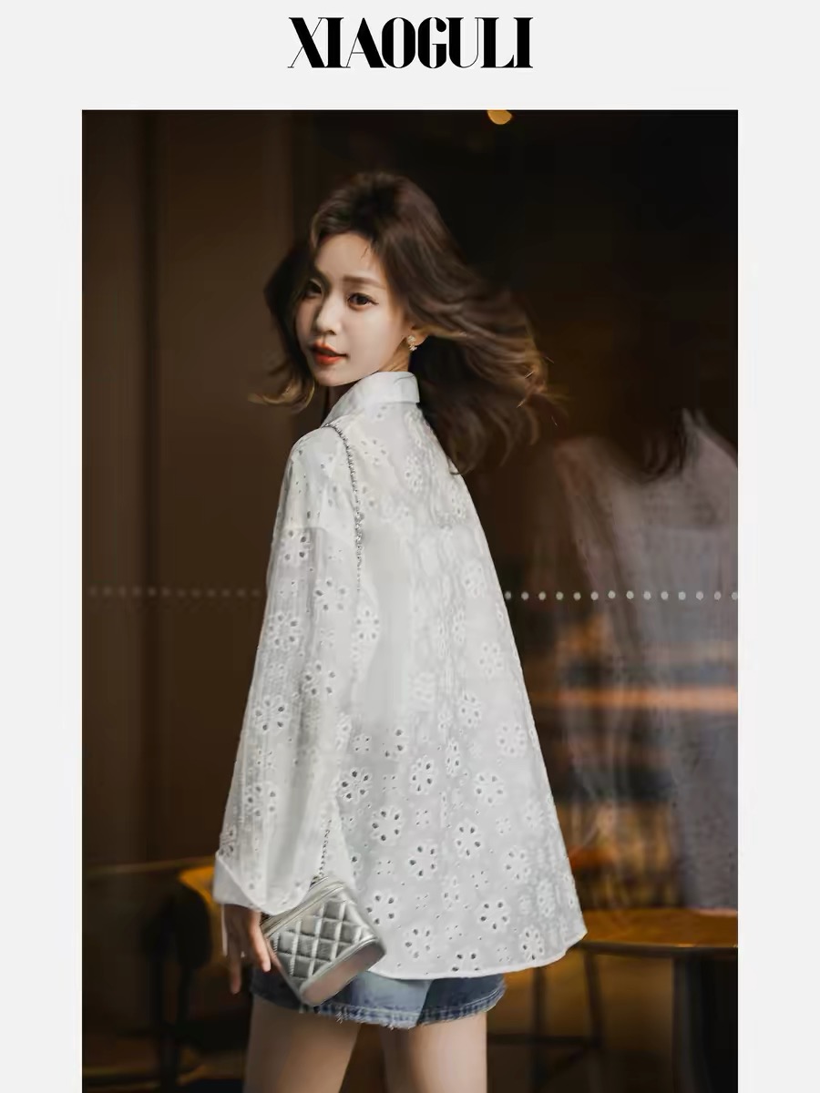 작은 곡물 뮤즈 셔츠 라이 경기 서울 홀로우 아웃 여성 셔츠 봄 여름 새로운 품격 루즈핏 화이트 얇은 스타일 맨위