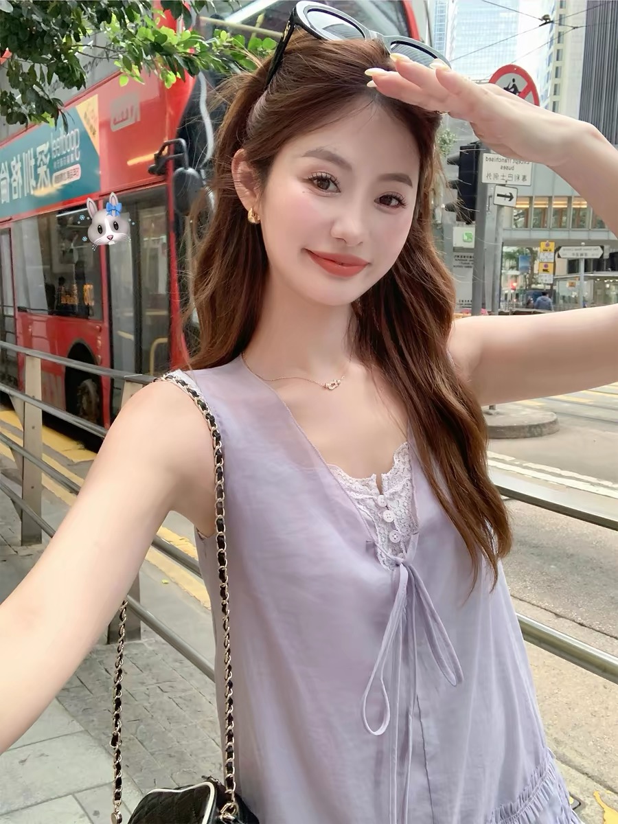 한 번 작은 짭짤한 한 부서 품격 보라색 민소매 조끼 여성 드레스 여름 작은 키 디자인 센스 미니 스커트 치마