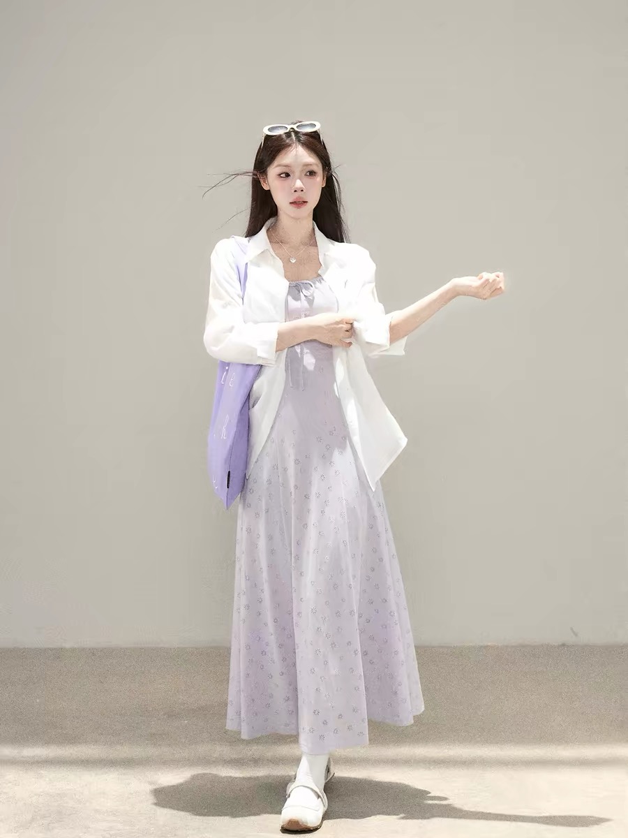 하나 오노 라스베리 보라색 반팔 여성 드레스 2026 년 여름 새로운 슈퍼 화재 연령 감소 품격 허리 수축 롱 스커트