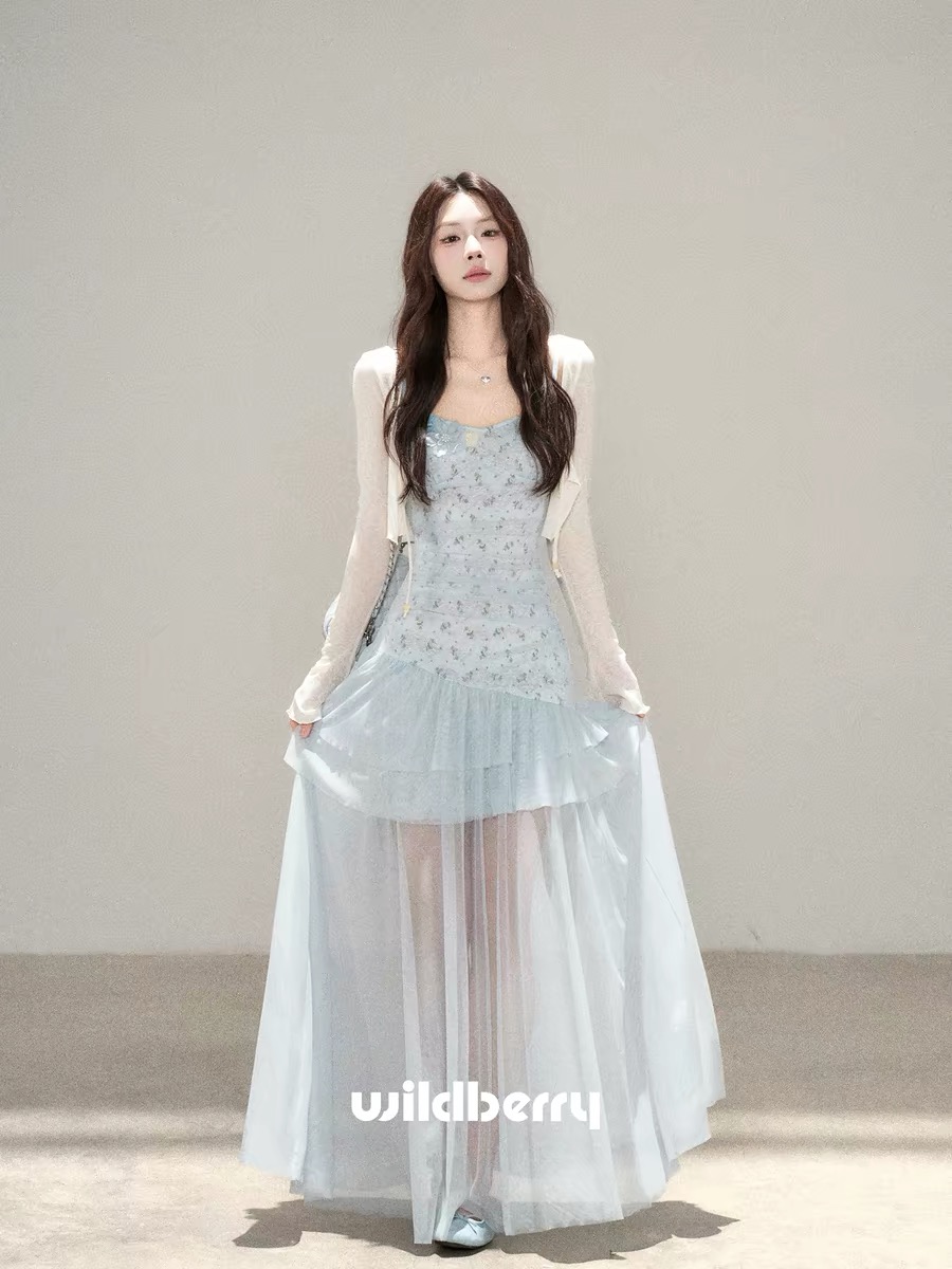 하나 오노 라스베리 파란색 슬립 여성 드레스 여름 새로운 슈퍼 잘 생긴 ~ 중 망사 패치워크 니트 길다 치마