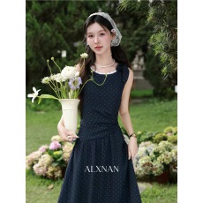 批发「黛色赴夜」波点法式气质修身收腰连衣裙女夏季新款长裙子