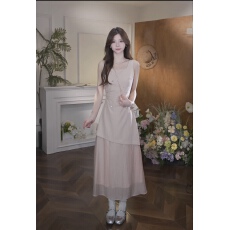 批发【桃酥软软雾】粉色背心连衣裙女<b class='q'>夏</b>季新款假两件温柔风裙子