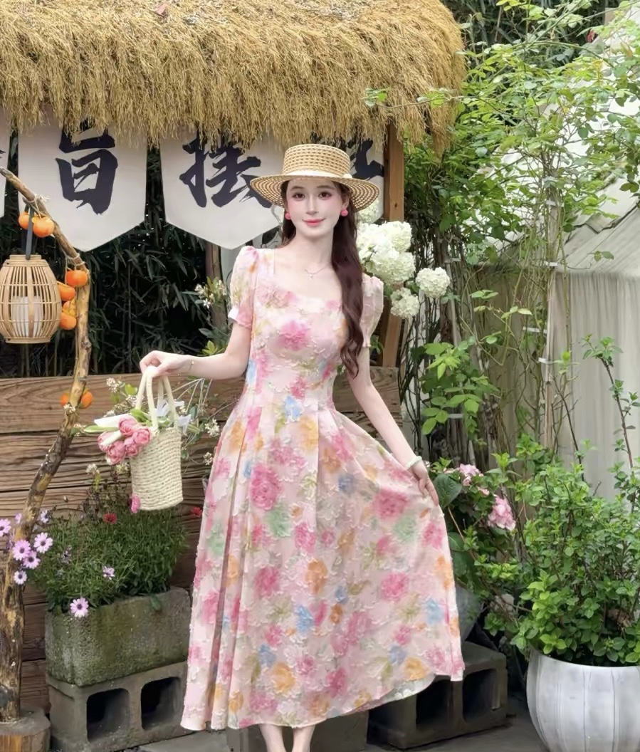 lili 리 리 가족 장미 꽃의 계절 프랑스식 휴가 바람 그라데이션 롱 스커트 핑크색 꽃 큰 진자 여성 드레스