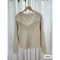 批发实价秋冬新款法式温柔风V领蕾丝拼接针织木耳边长袖上衣女