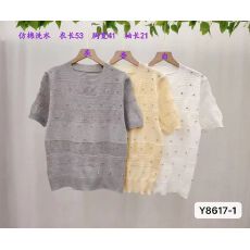 批发实价洋气减龄圆领镂空纹理钉珠百搭短袖