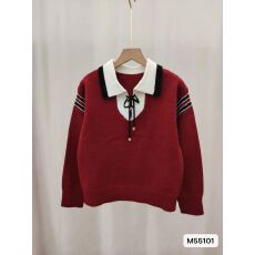 批发实价秋冬新款<b class='q'>韩版</b>学院风翻领系带撞色拼接假两件长袖上衣女