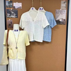 批发实价2026年夏季新款韩版时尚V领亮片针织设计开叉短袖上衣女