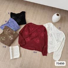 批发实价慵懒风渔网镂空亮片撞色宽松蝙蝠衫长袖